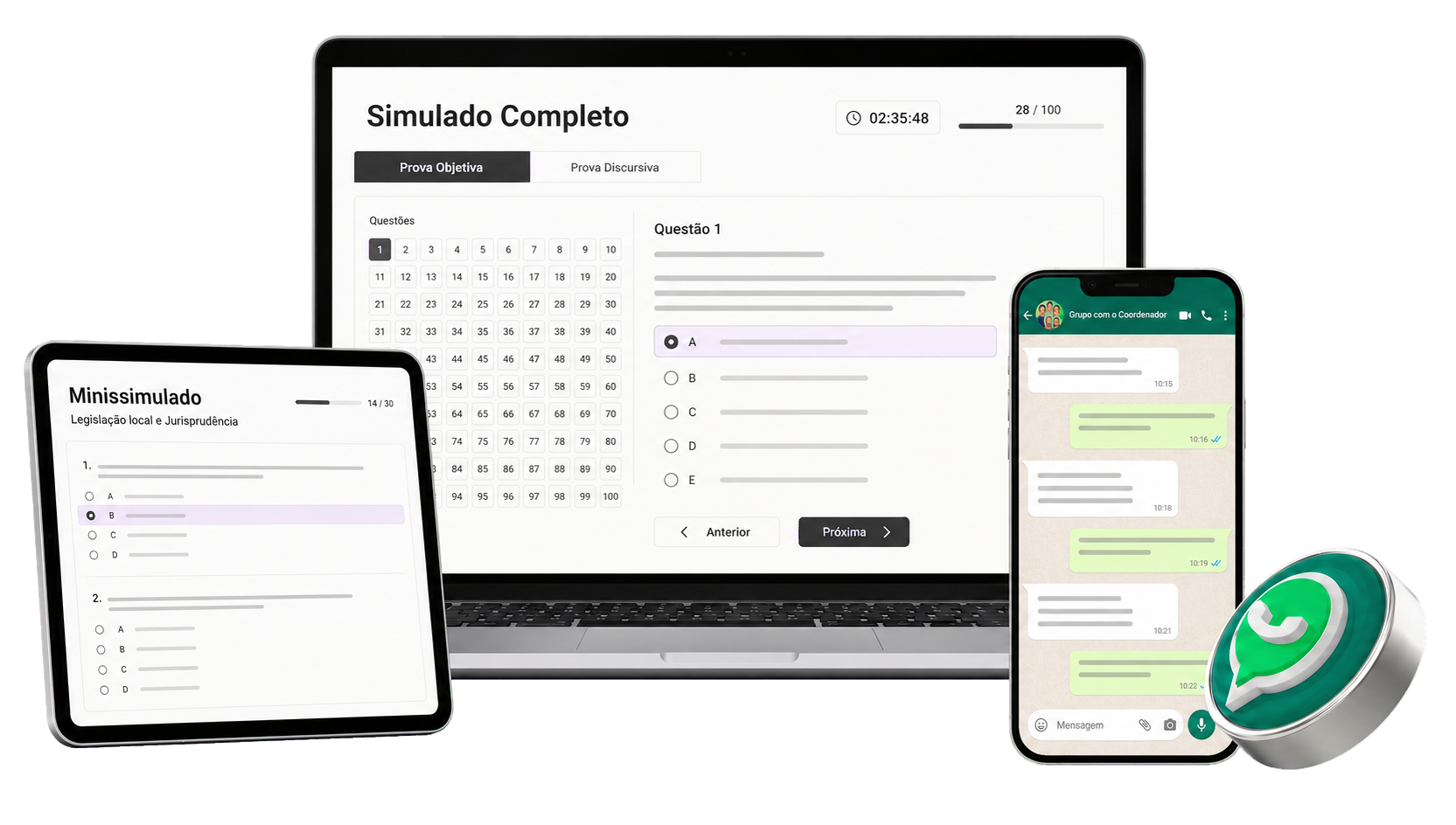 Mockup dos simulados e do grupo de acompanhamento no WhatsApp